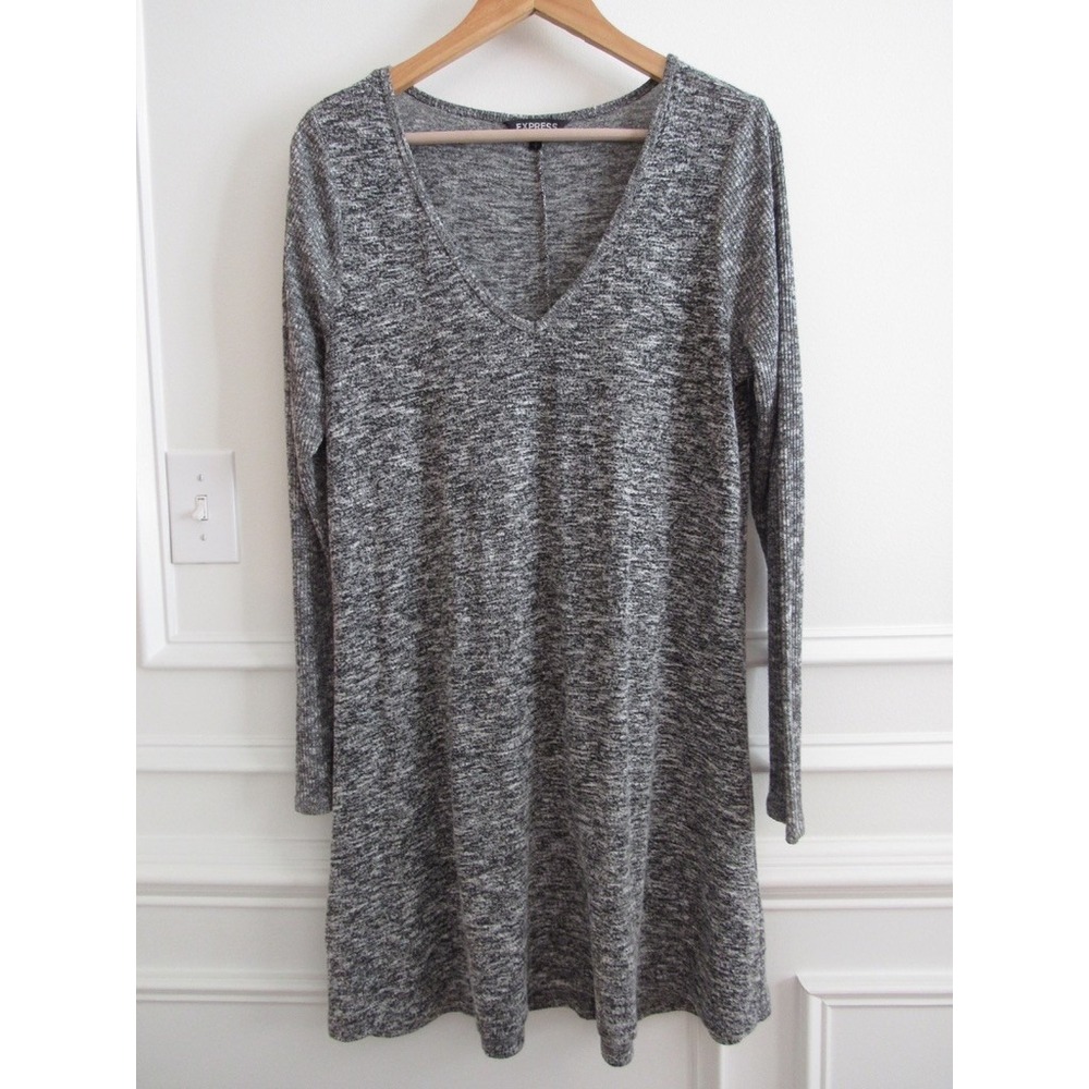 Express Dress Grey Marled Knit Long Sleeve A-Line Mini Large